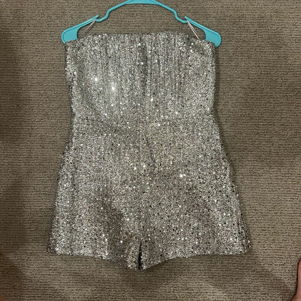 Silver Sequin Strapless Romper